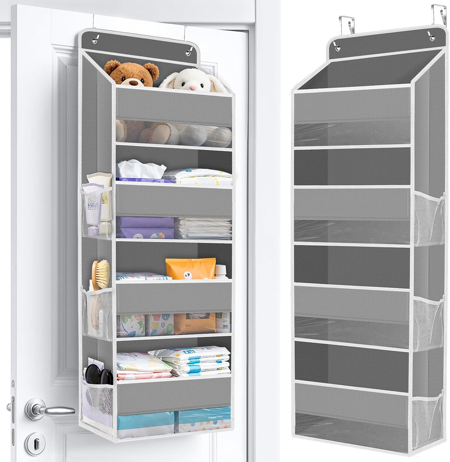 WISELIFE Over The Door Organizer Storage with 4 Large Pockets Door Hanging Organizer with Clear Windows behind The Door Storage for Nursery Bedroom Bathroom Pantry Closet and Baby Essentials Dark Grey