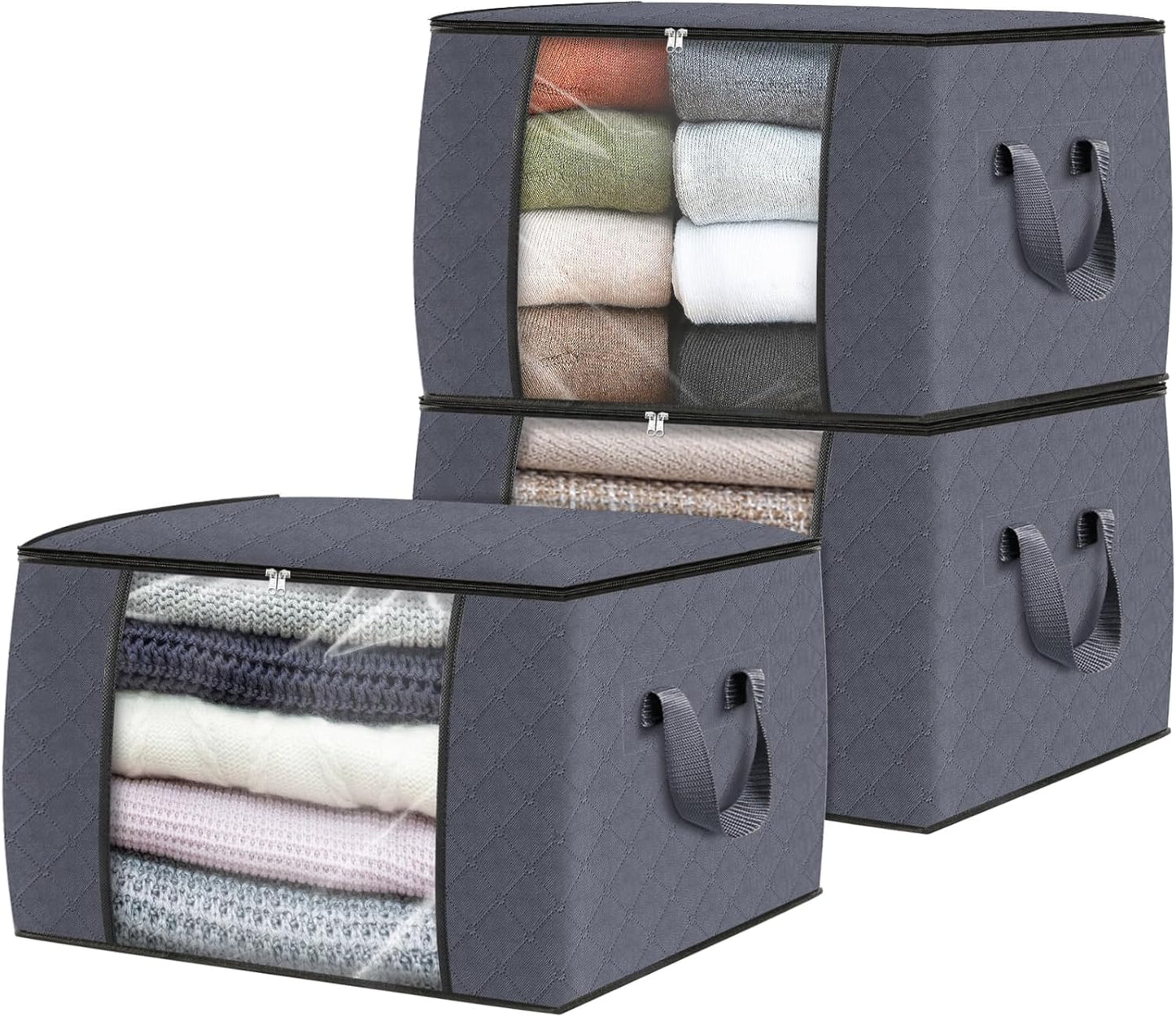 Fab totes 6 Pack Storage Bags for Clothes and Blanket, Foldable Closet Organizers and Storage with Zippers, Clear Window and Handles, Fabric Storage Bins for Sweater, Comforter, Bedding,Linen Sheets