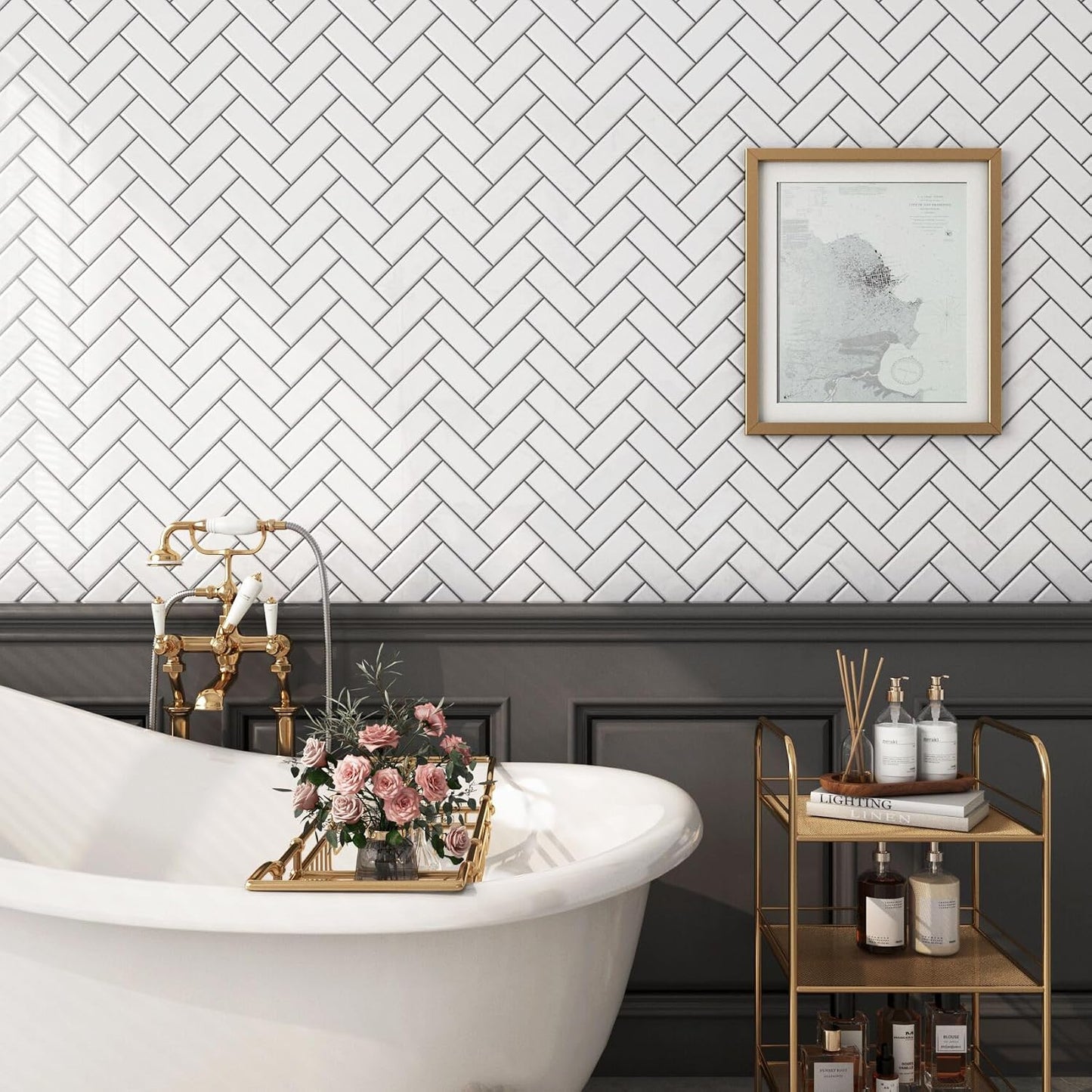 FunStick White Herringbone Peel and Stick Backsplash for Kitchen 12"x12" Peel and Stick on Backsplash Tile Stickers Self Adhesive Wall Tiles for Kitchen Bathroom Shower RV Waterproof Back Splash 5 Pcs