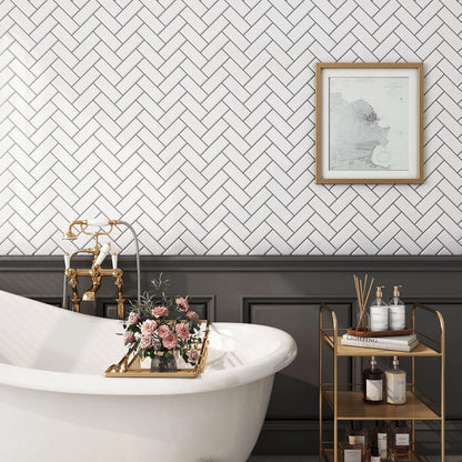 FunStick White Herringbone Peel and Stick Backsplash for Kitchen 12"x12" Peel and Stick on Backsplash Tile Stickers Self Adhesive Wall Tiles for Kitchen Bathroom Shower RV Waterproof Back Splash 5 Pcs