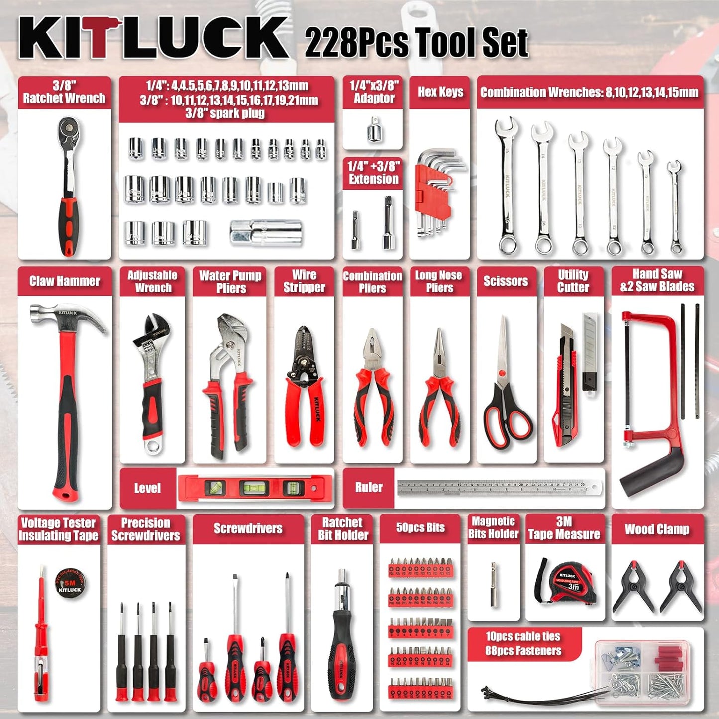 KITLUCK 138-piece Home Tool Kit, Household Hand Repair Tool Set for men, Portable Basic Tool box Set with Tools (Screwdriver, Plier, Wrench, Socket, Harmer, Rule, etc.) for Home and Car