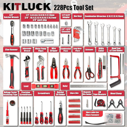 KITLUCK 138-piece Home Tool Kit, Household Hand Repair Tool Set for men, Portable Basic Tool box Set with Tools (Screwdriver, Plier, Wrench, Socket, Harmer, Rule, etc.) for Home and Car