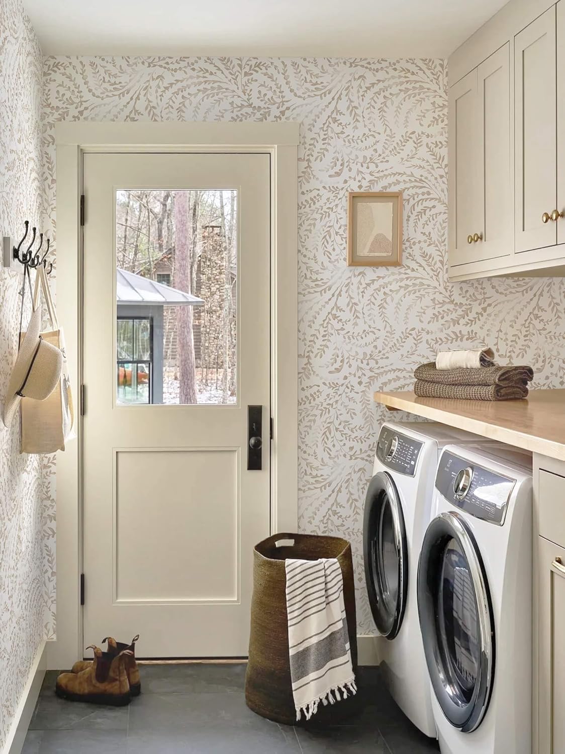 Ismoon Peel and Stick Wallpaper Boho Beige Contact Paper Neutral Floral Wall Paper Textured Self Adhesive Removable Wallpaper for Bedroom Kitchen Renter Friendly Vinyl 17.3" x 78.7"