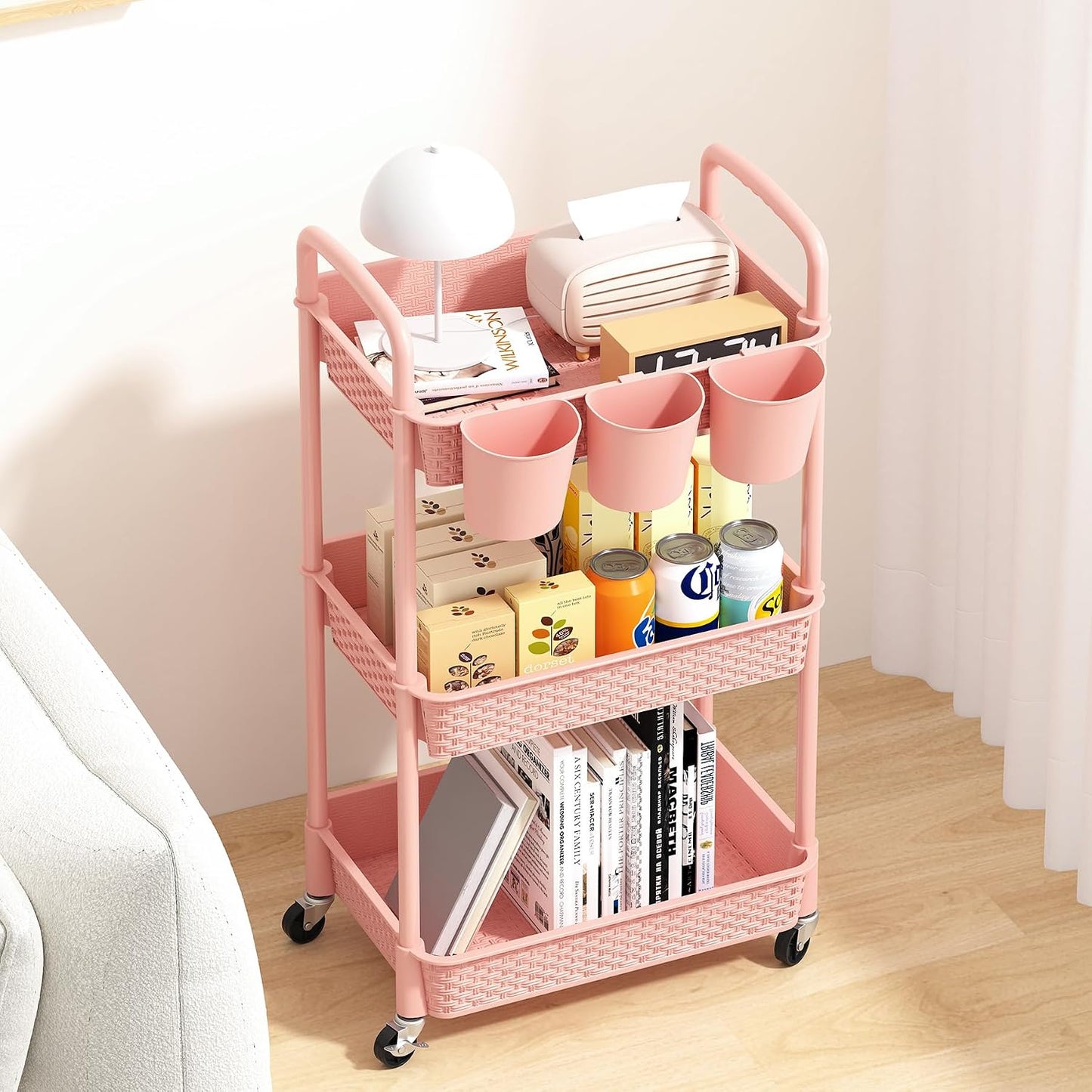 MOYIPIN 3-Tier Plastic Rolling Utility Cart with Handle,Utility Storage Cart for Office, Living Room, Kitchen,Movable Storage Organizer Shelves,White
