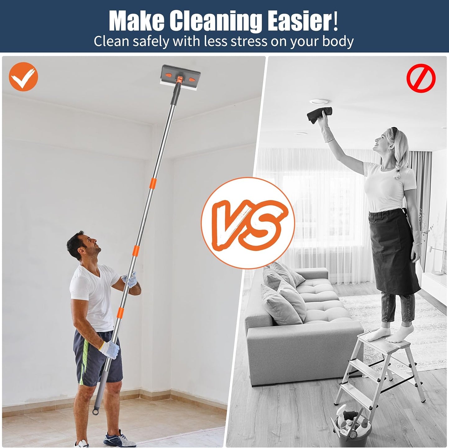 NexaGlow Baseboard Cleaner Tool with Handle | 3-in-1 Adjustable Cleaning Mop with Microfiber Pads & Gloves | 180° Wall Mop Cleaner with 66" Long Handle for Walls, Windows, Floors & Baseboards