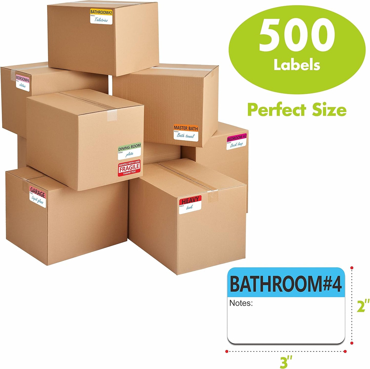 Hebayy 500 pcs 20 Designs Pre-Printed Color-Coded Home Moving Packing Box Labels with Writable Notes Areas, Each Measures 2” x 3”
