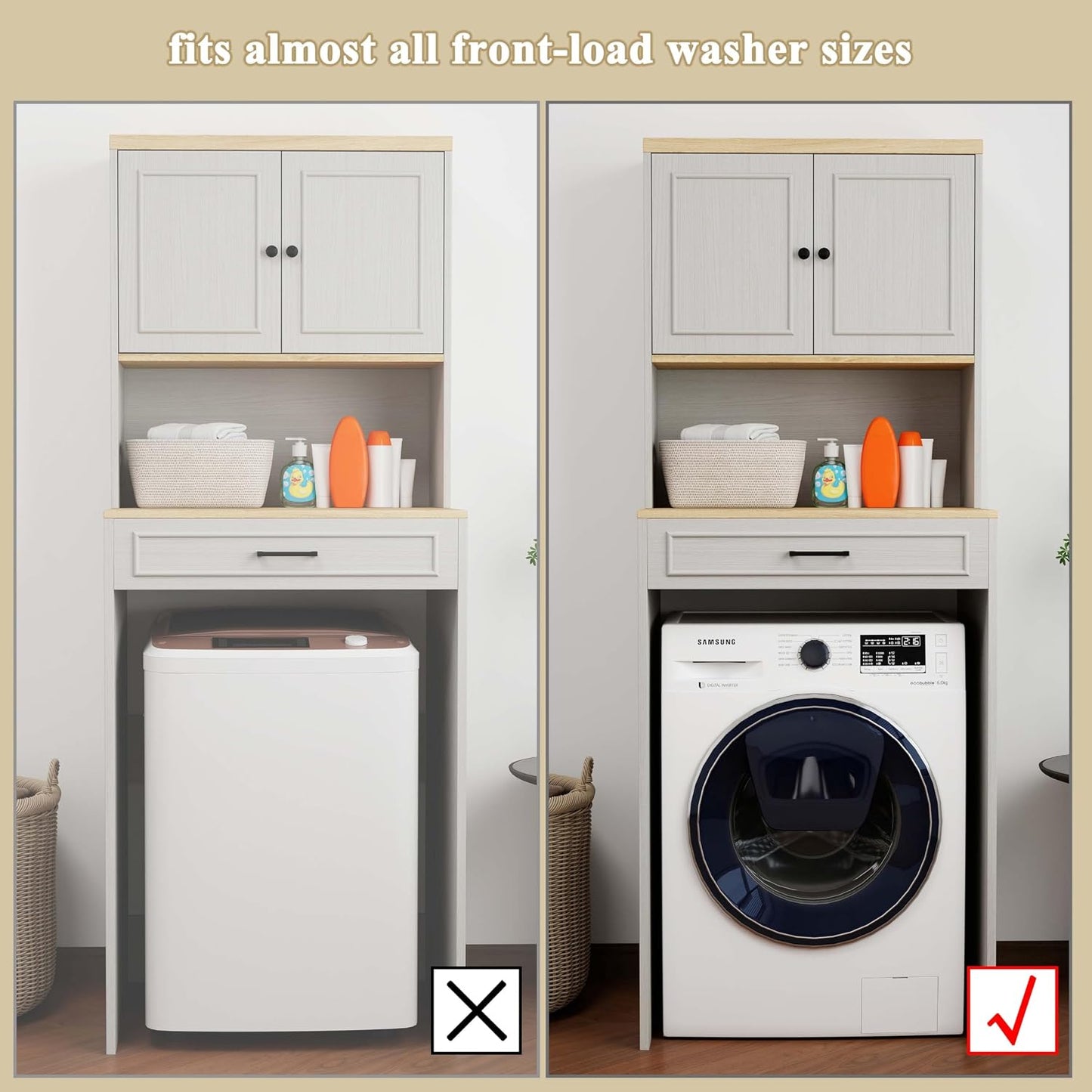 Laundry Room Storage Cabinet with Doors, Washer Dryer Countertop with Shelf & Laundry Basket, Over The Washer and Dryer Storage Shelf Cabinet for Bathroom, Easy Assembly (Large)