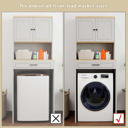 Laundry Room Storage Cabinet with Doors, Washer Dryer Countertop with Shelf & Laundry Basket, Over The Washer and Dryer Storage Shelf Cabinet for Bathroom, Easy Assembly (Large)