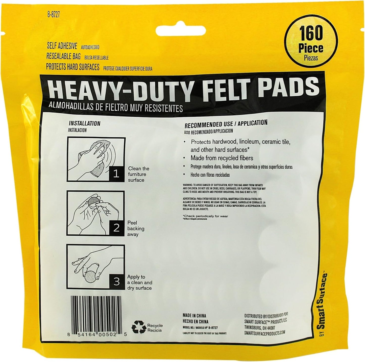 Smart Surface 8827 Heavy Duty Self Adhesive Furniture Felt Pads 1-Inch Round Brown 160-Piece Value Pack in Resealable Bag