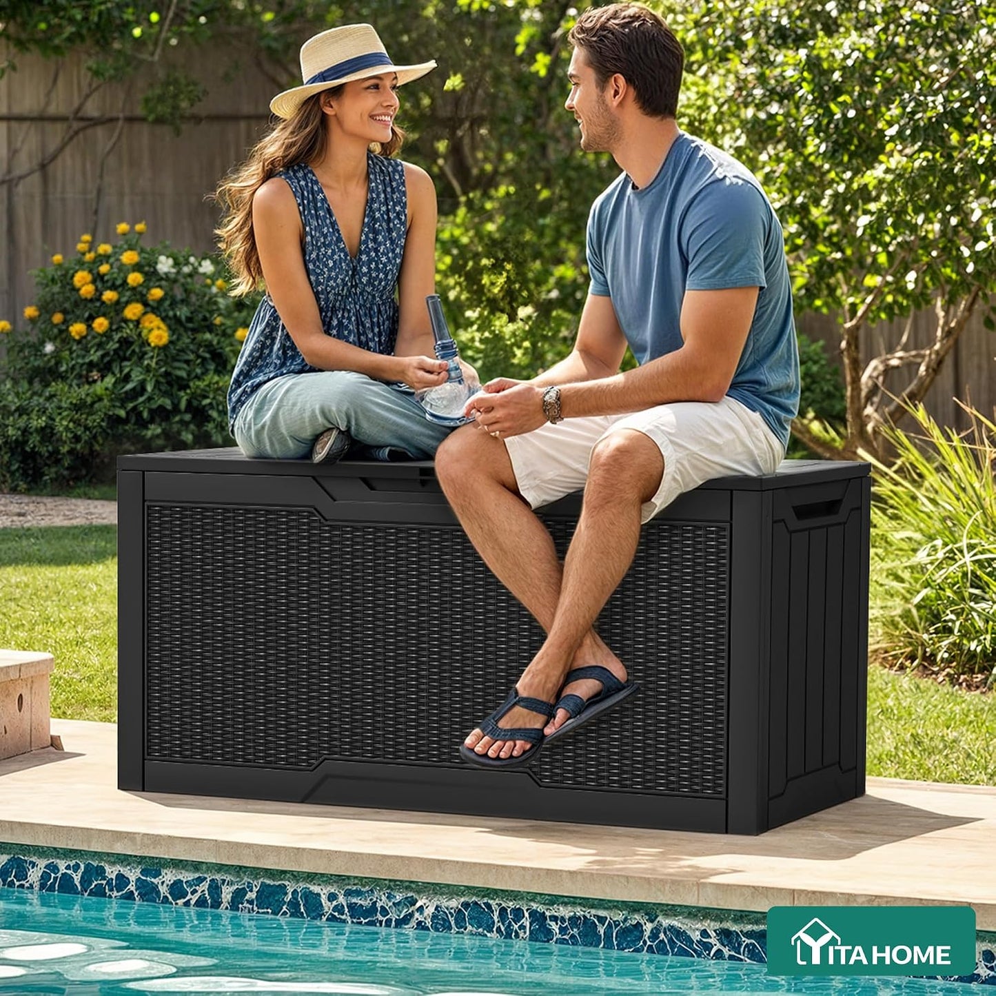 YITAHOME 100 Gallon Large Outdoor Deck Box | Waterproof Resin Storage Box, Lockable Indoor Outdoor Storage Container for Patio Furniture Cushions, Pool Accessories