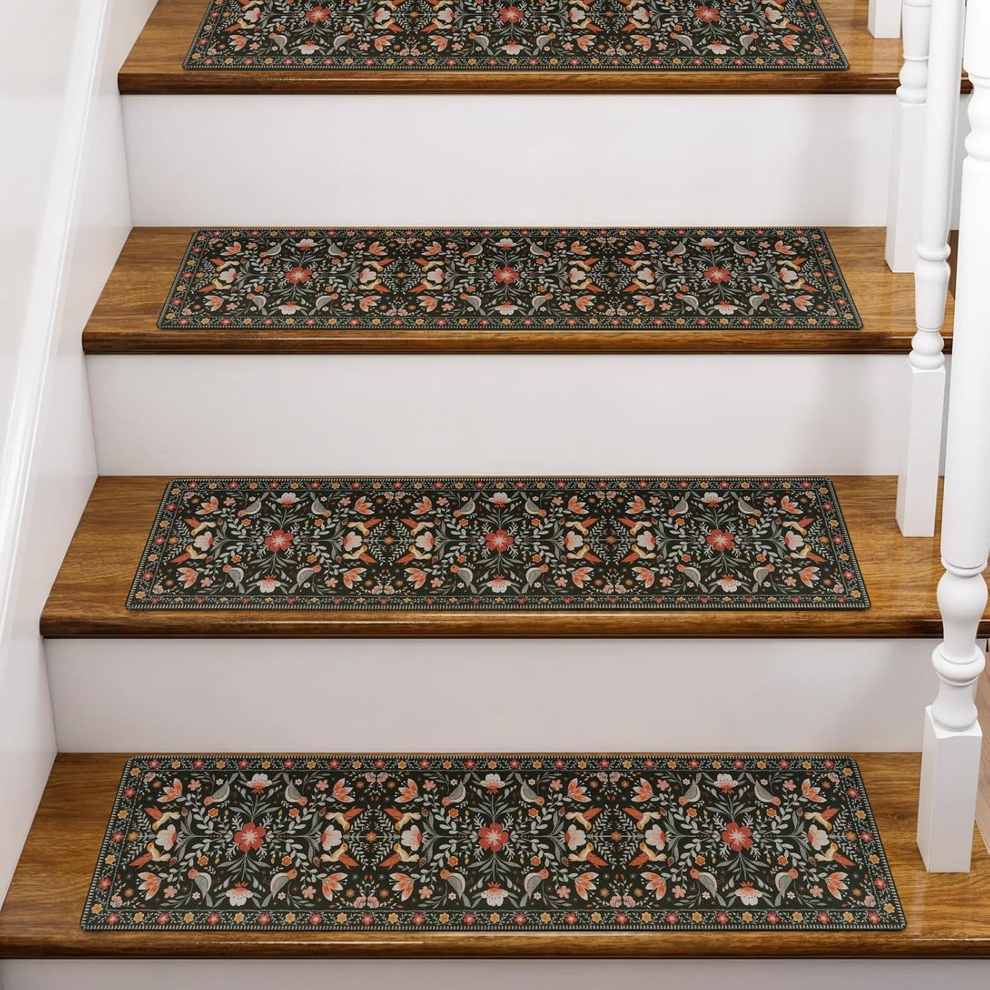 OJIA Floral Stair Treads Non-Slip Stair Runner for Wooden Steps Indoor 15PCS 30"x8" Carpet Stair Treads Stair Mats Staircase Step Treads for Kids, Elders and Dogs, Stair Covers, Black
