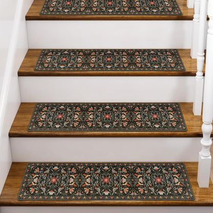 OJIA Floral Stair Treads Non-Slip Stair Runner for Wooden Steps Indoor 15PCS 30"x8" Carpet Stair Treads Stair Mats Staircase Step Treads for Kids, Elders and Dogs, Stair Covers, Black