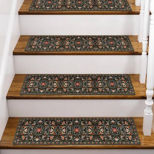 OJIA Floral Stair Treads Non-Slip Stair Runner for Wooden Steps Indoor 15PCS 30"x8" Carpet Stair Treads Stair Mats Staircase Step Treads for Kids, Elders and Dogs, Stair Covers, Black