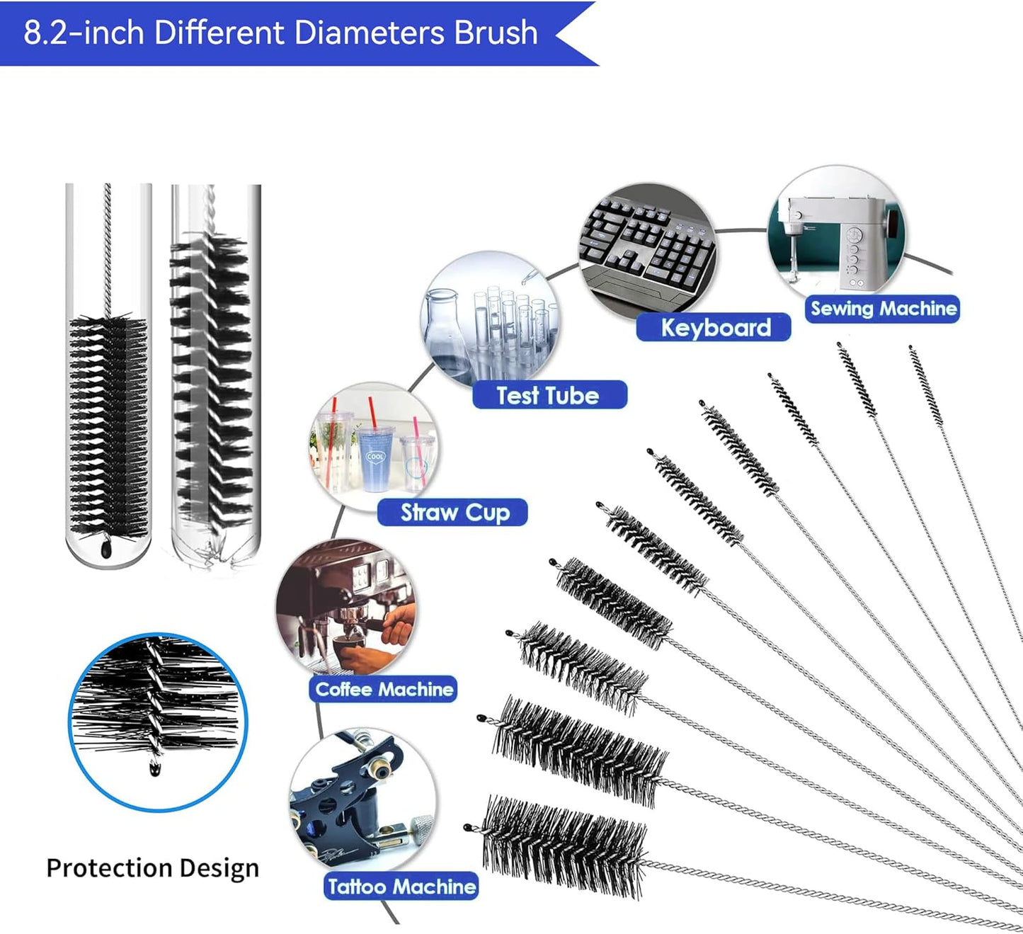 12 Pcs Tube Pipe Cleaners Brush Set,Flexible Drain Brush,Long Straw Brush,61-inch Flexible Double-Ended Hose Brush,8.2-inch Different Diameters Brush,12-inch Brass Wire Brush,for Kitchen Sink Plumbing