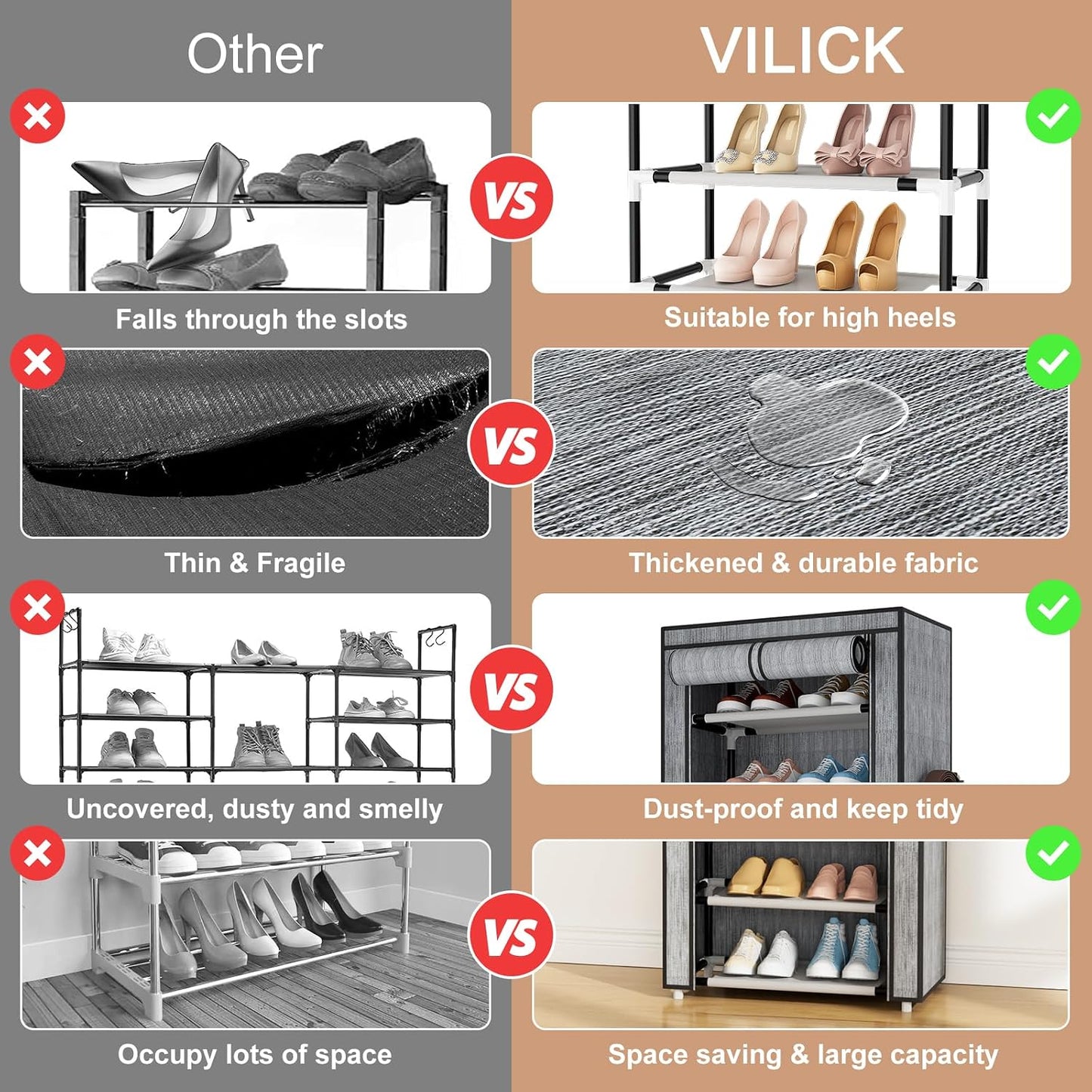 VILICK Shoe Rack with Cover Narrow Shoe Organizer with 4 Side Pockets 10 Tier Tall Shoe Storage Holds 18-22 Pairs Shoes and Boots Shoe Rack for Closet Entryway Garage
