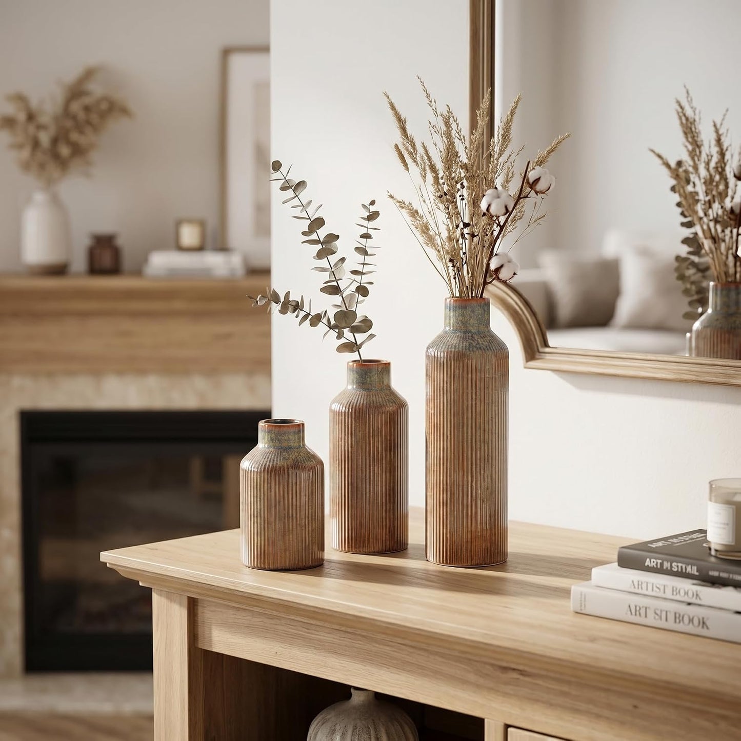 Brown Ceramic Vase Set of 3 - Rustic Farmhouse Vases for Centerpieces Small Modern Decorative Vase for Flower Kitchen Bathroom Bedroom Living Room Shelf Home Decor