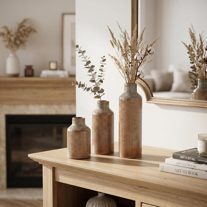 Brown Ceramic Vase Set of 3 - Rustic Farmhouse Vases for Centerpieces Small Modern Decorative Vase for Flower Kitchen Bathroom Bedroom Living Room Shelf Home Decor