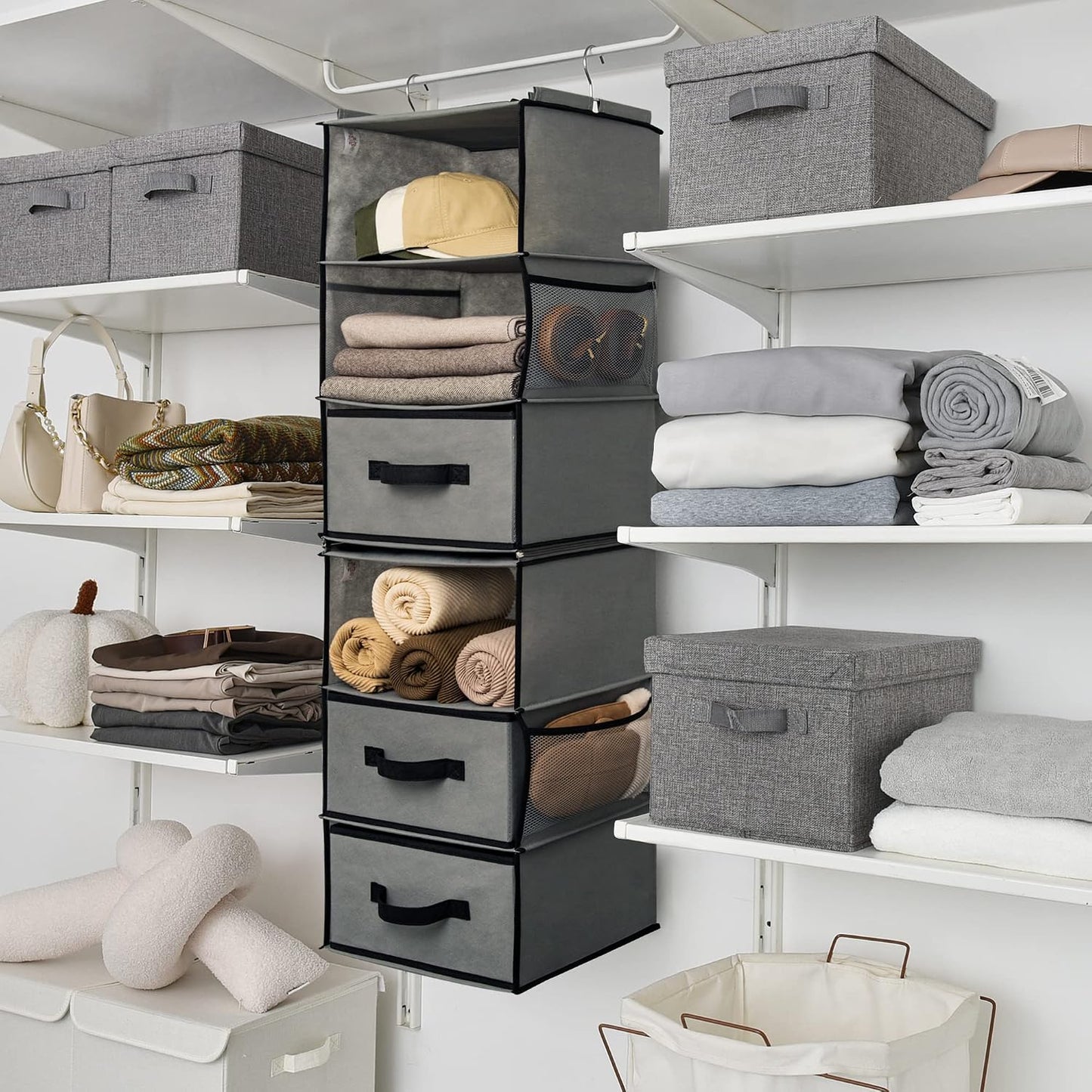 GRANNY SAYS Hanging Closet Organizer 6 Shelves, Closet Organizers and Storage with 5 Drawers, 6 Side Pockets Closet Hanging Organizer, Hanging Storage Organizer for Closet, Baby Clothes, Gray