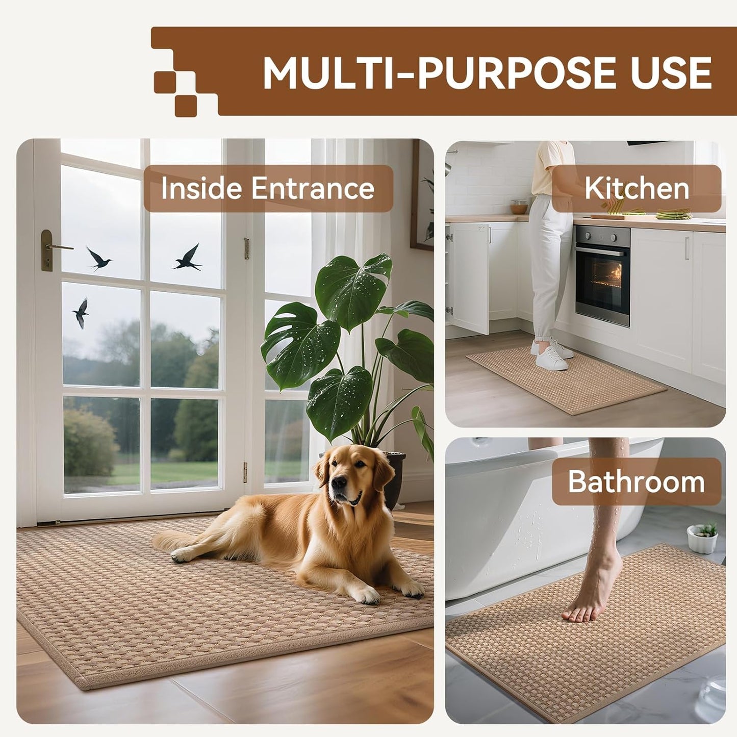 Front Door Mat 17''x30'', Absorbent Dirt Resist Washable Non Slip Low-Profile Indoor Doormat, Easy Clean Welcome Entryway Door Mats, Brown