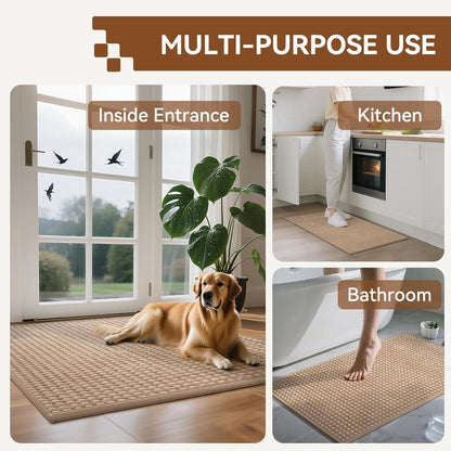 Front Door Mat 17''x30'', Absorbent Dirt Resist Washable Non Slip Low-Profile Indoor Doormat, Easy Clean Welcome Entryway Door Mats, Brown