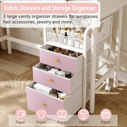 Rolling Makeup Organizer Cart with 3 Drawers, Under Desk Vanity Makeup Storage Cart, Bathroom Storage Cart Cosmetic Display Cases Cabinet for Nail Polish, Brushes & Hair Tools, Gold