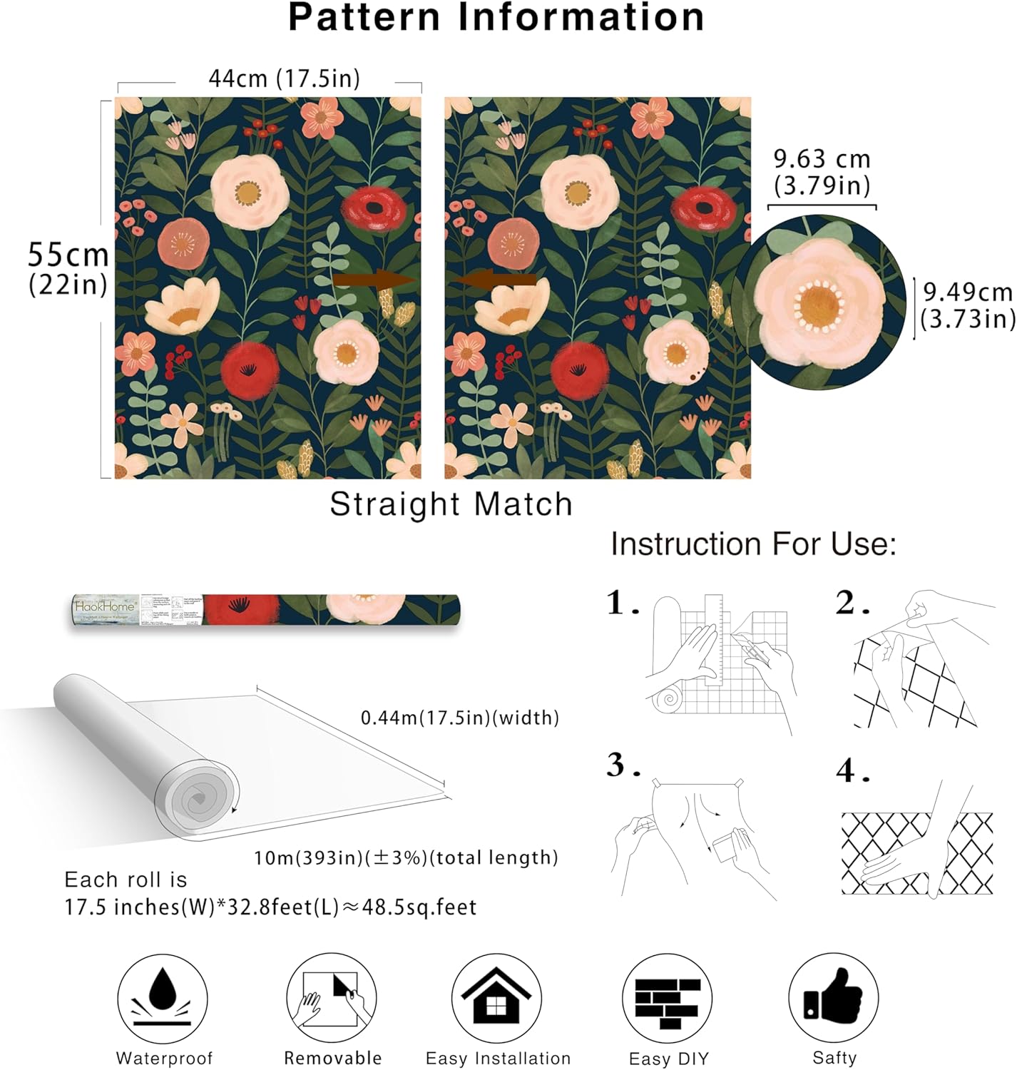 HAOKHOME Floral Peel and Stick Wallpaper Boho Vintage Wall Paper Removable for Bathroom Nursery Beige/Pink/Red Contact Paper 17.3in x 9.8ft