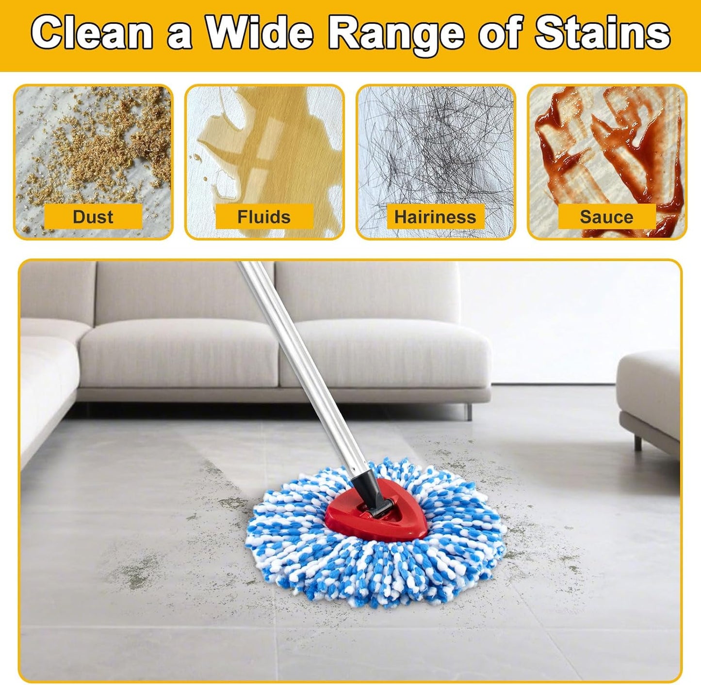 Mop Heads for O Cedar RinseClean 2 Tank Spin Mop System, 3 Microfiber Mop Head Refills and 3 Chenille Mop Pads,1 Scrub Brush, and 1 Mop Base with Mop Handle Set Combo