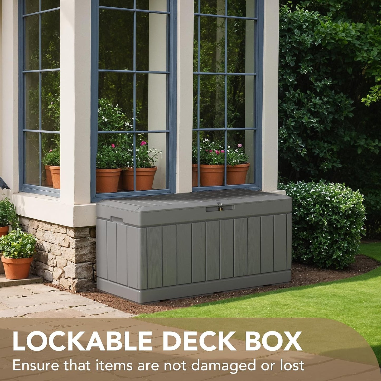 Devoko 100 Gallon Waterproof Large Resin Deck Box Indoor Outdoor Lockable Storage Container for Patio Furniture Cushions Garden Tools (100 Gallon, Black)