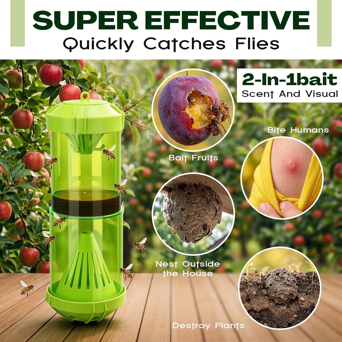 4 Pack Outdoor Yellowjacket Wasp Traps with 8 Pack Natural Bait Refills Lure Reusable Hanging Carpenter Bee and Hornet Catcher Green Bee Trap 24 Week Attractant Refills Wasp Catcher Outside