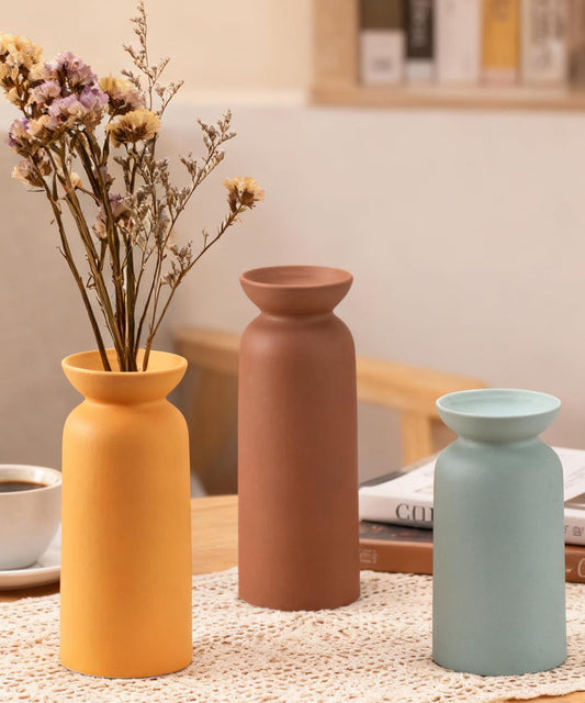 Ceramic Vase Set of 3, Modern Multicolor Pattern Flower Vases for Home Decor, Office, Centerpieces, Boho Farmhouse Style (Red/Green/Orange)