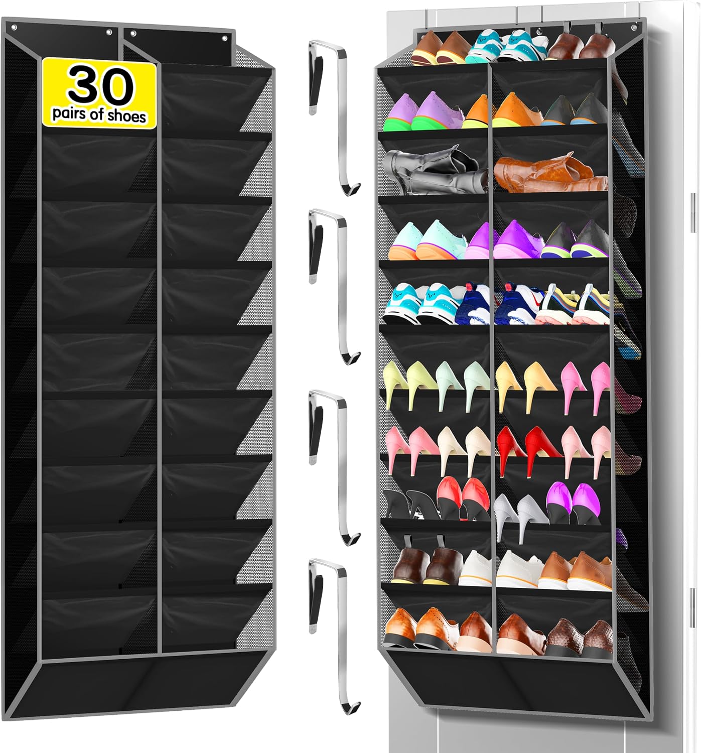 Kotkn Over the Door Shoe Organizer with 30 Breathable Mesh Pockets - Large Capacity Closet Storage for Men & Women, Hanging Shoe Rack Organizer (Gray)