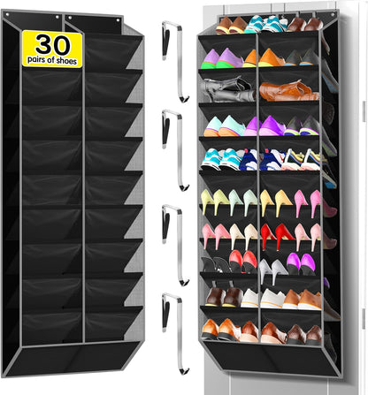 Kotkn Over the Door Shoe Organizer with 30 Breathable Mesh Pockets - Large Capacity Closet Storage for Men & Women, Hanging Shoe Rack Organizer (Gray)