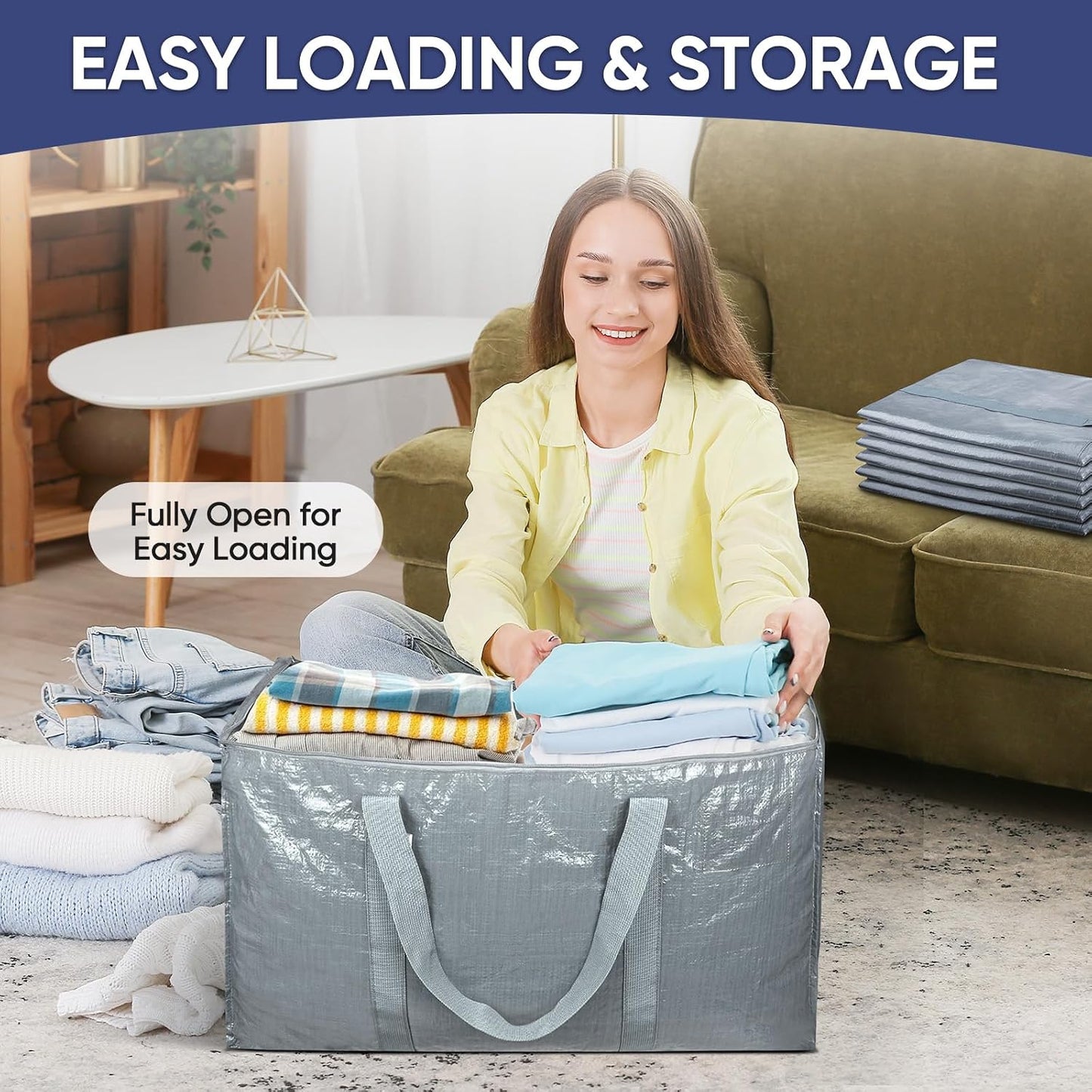TICONN 4 Pack Extra Large Moving Bags Heavy Duty with Zippers & Carrying Handles, Durable Storage Bags Moving Boxes for Closet Organizers and Storage (4 Pack, Blue)