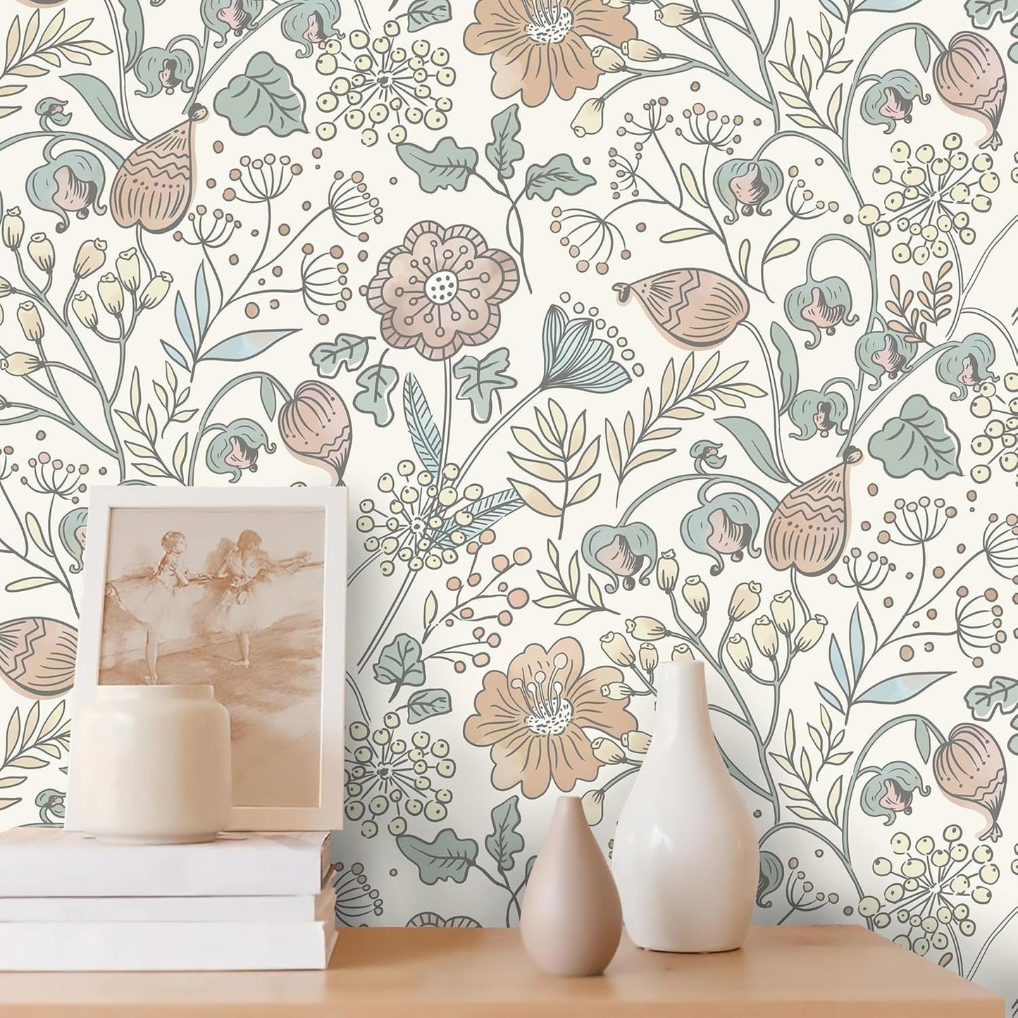 HeloHo Blue Floral Wallpaper Peel and Stick Self Adhesive Removable Wall Paper 16.1" X 118" Renter Friendly Waterproof Wallpaper Contact Paper for Furniture Living Room Bedroom Decor