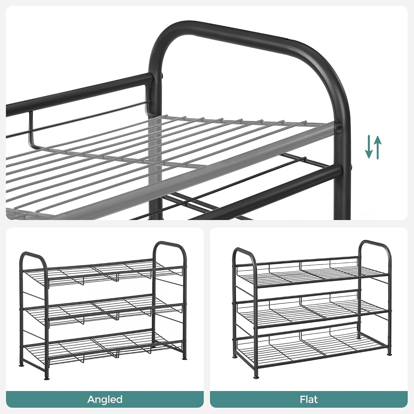 SONGMICS Stackable Shoe Rack, 4 Tier Metal Shoes Rack Storage Shelf, Holds up to 16 Pairs Shoes, Adjustable Slanted Shelves Shoe Tower Organizer for Closet Entryway Small Spaces, Black