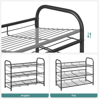 SONGMICS Stackable Shoe Rack, 4 Tier Metal Shoes Rack Storage Shelf, Holds up to 16 Pairs Shoes, Adjustable Slanted Shelves Shoe Tower Organizer for Closet Entryway Small Spaces, Black