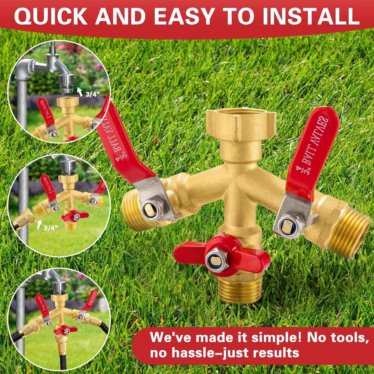 Garden Hose Splitter, 304 Stainless Steel 2 Way Hose Splitter with Long Handle, Heavy Duty Hose Y Spigot Splitter with Shutoff Valves, 3/4" GHT Thread Outdoor Faucet Splitter