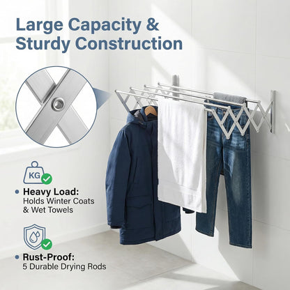Laundry Drying Rack Wall Mount - Towel Rack Collapsible, Retractable Drying Rack Easy Install Space Saving with 5 Drying Rods