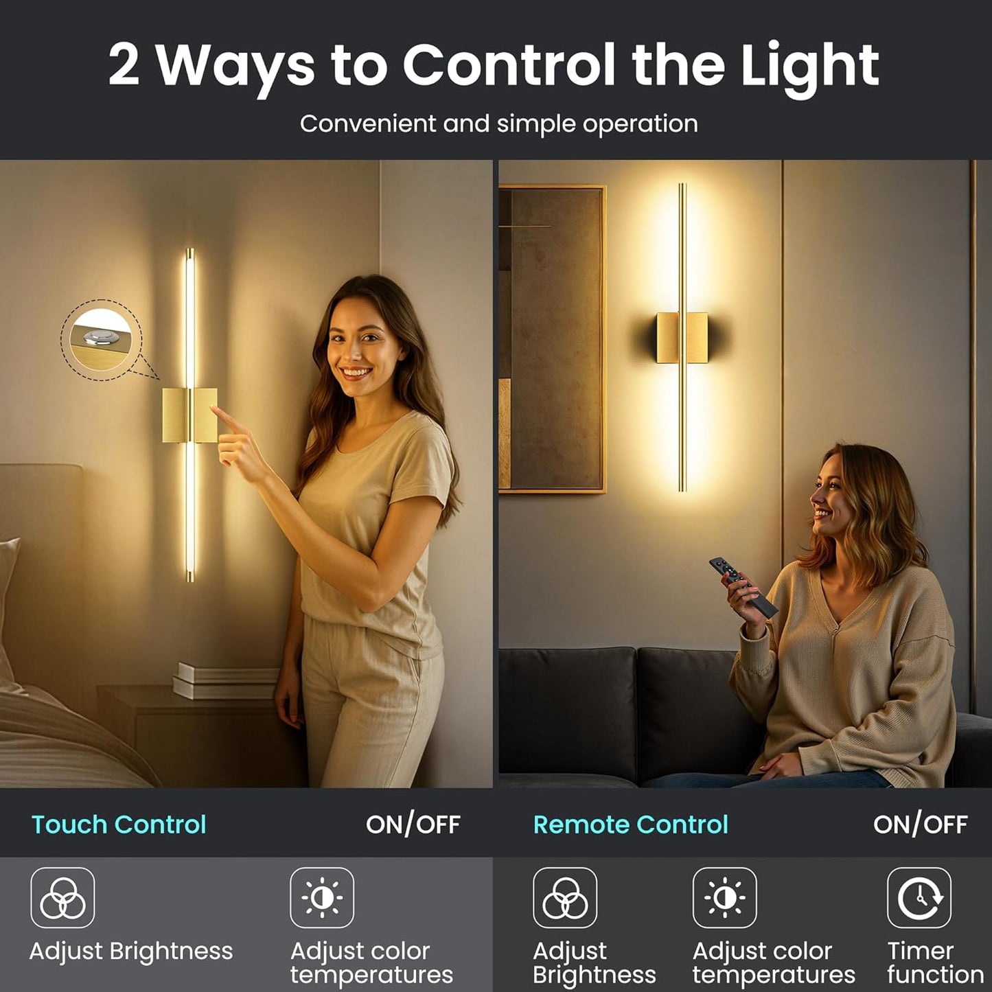 Battery Operated Wall Sconces Set of Two, 10000mAh Rechargeable Wall Lights with Remote Control, 360° Rotate Dimmable Black Gold LED Cordless Lighting for Bedroom, Living Room, Hallway, 29 Inch, 3CCT