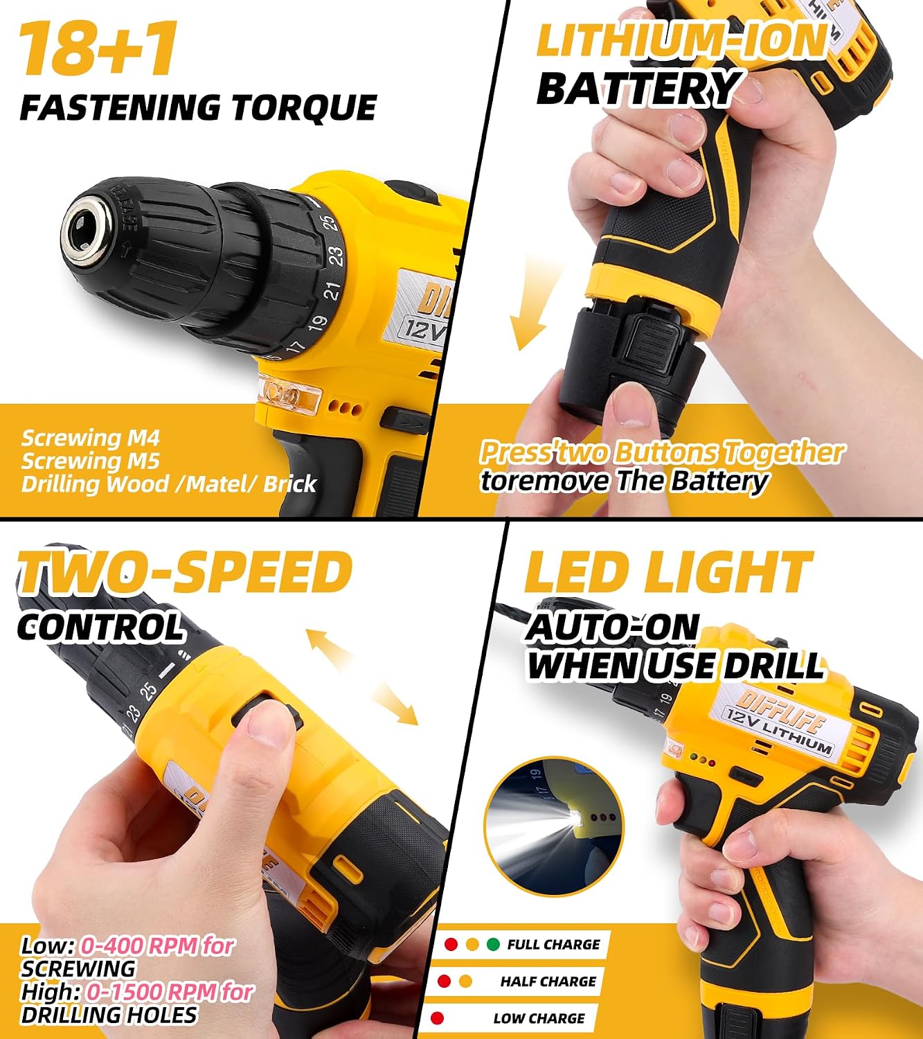 12V Drill Driver Power Tool Combo Kits with Cordless Drill, Professional Household Home Tool Kit Set, DIY Hand Tool Kits for Garden Office House Repair Yellow