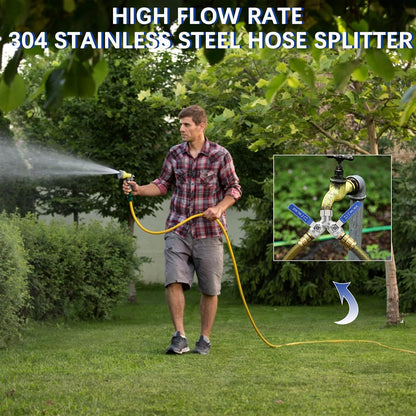Hose Splitter 2 Way Heavy Duty, Full Flow Garden Hose Splitter with Large Easy-Turn Handle, 3/4 Inch GHT Brass Water Hose Splitter for Outdoor Faucet, Y Valve Hose Bib Splitter
