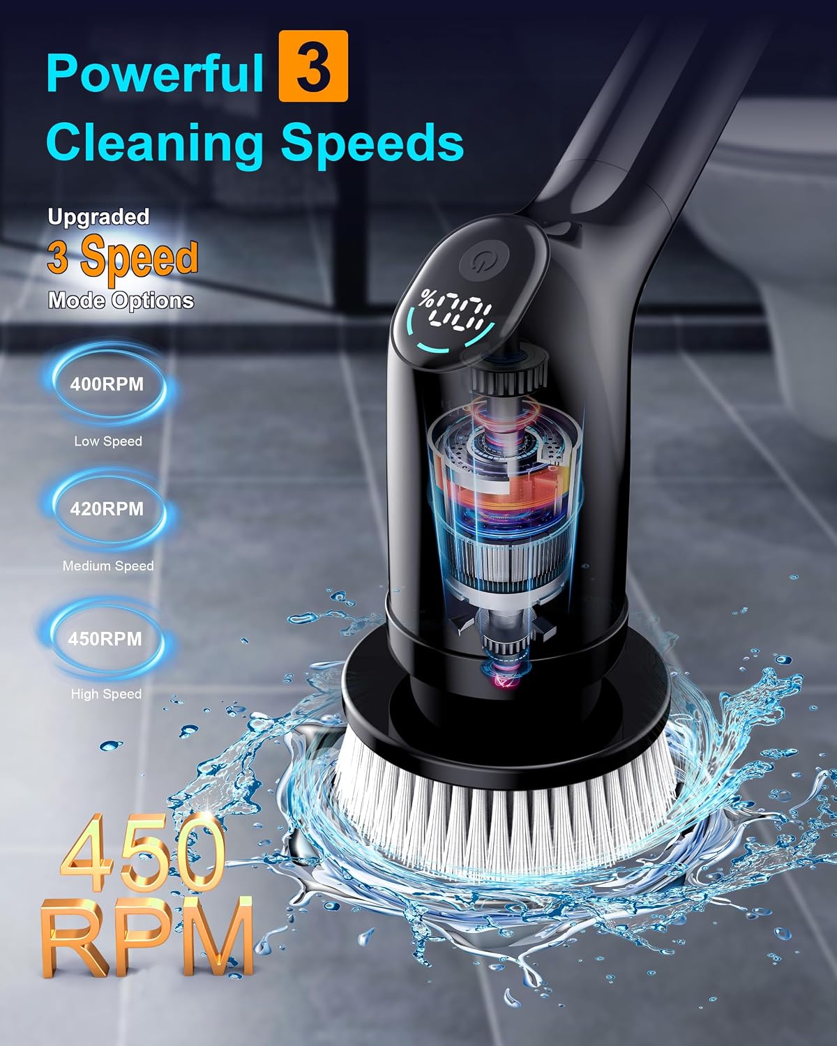 Shower Scrubber with Long Handle, Electric Spin Scrubber for Cleaning Bathroom, Cordless Cleaning Brush with IPX7 Waterproof & 2 Speed, Cleaning Supplies for Shower Tub Kitchen Tile Toilet