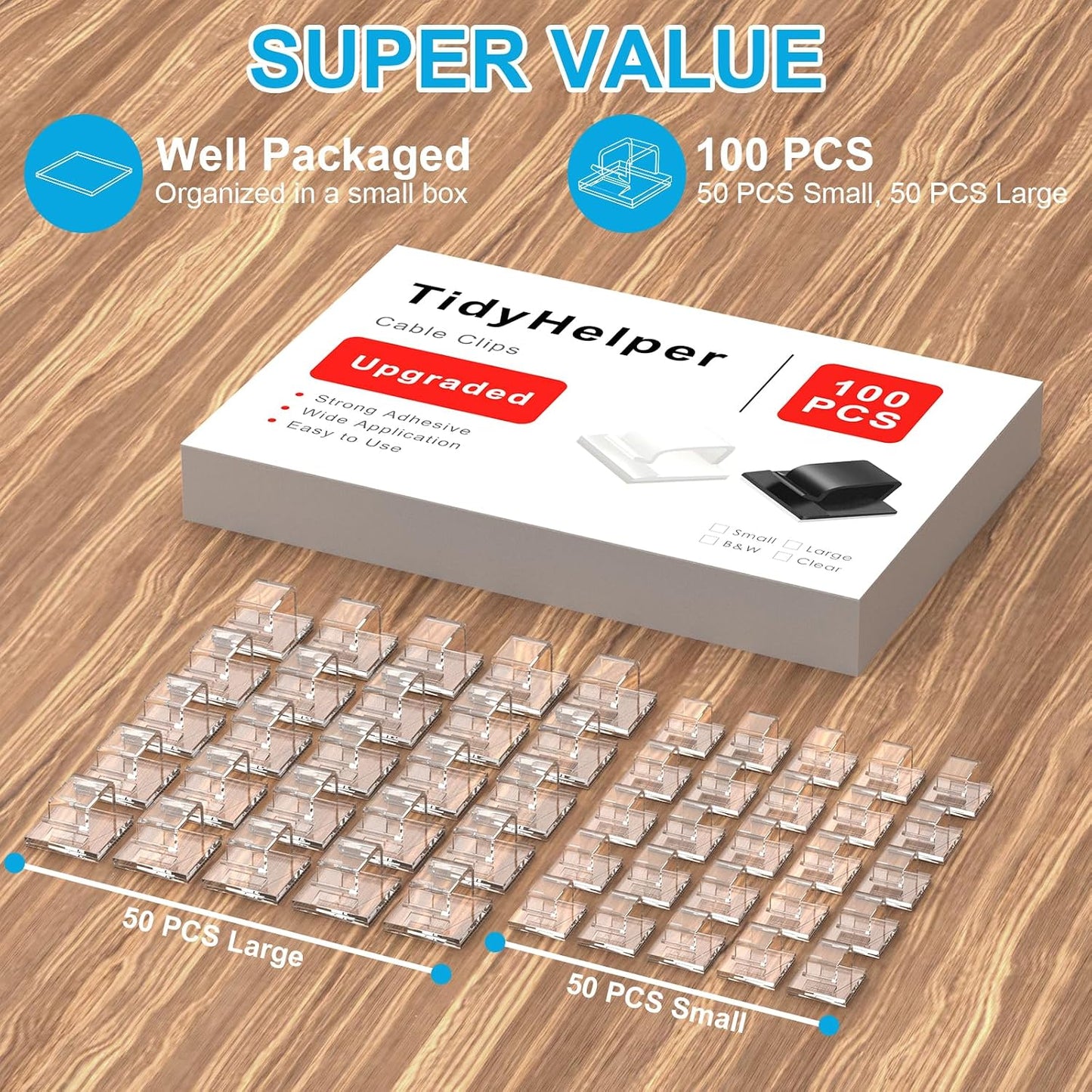 100 PCS Adhesive Cable Clips White (Small & Large), Upgraded Wall Wire Holder for Cord Organizer Cable Management, Outdoor Light Clips Hooks for LED, Car Dash Cam, HDMI, Extension Cord