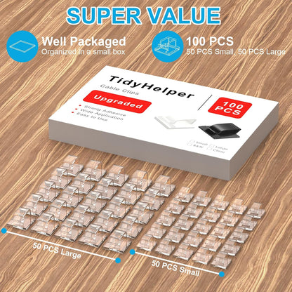 100 PCS Adhesive Cable Clips White (Small & Large), Upgraded Wall Wire Holder for Cord Organizer Cable Management, Outdoor Light Clips Hooks for LED, Car Dash Cam, HDMI, Extension Cord