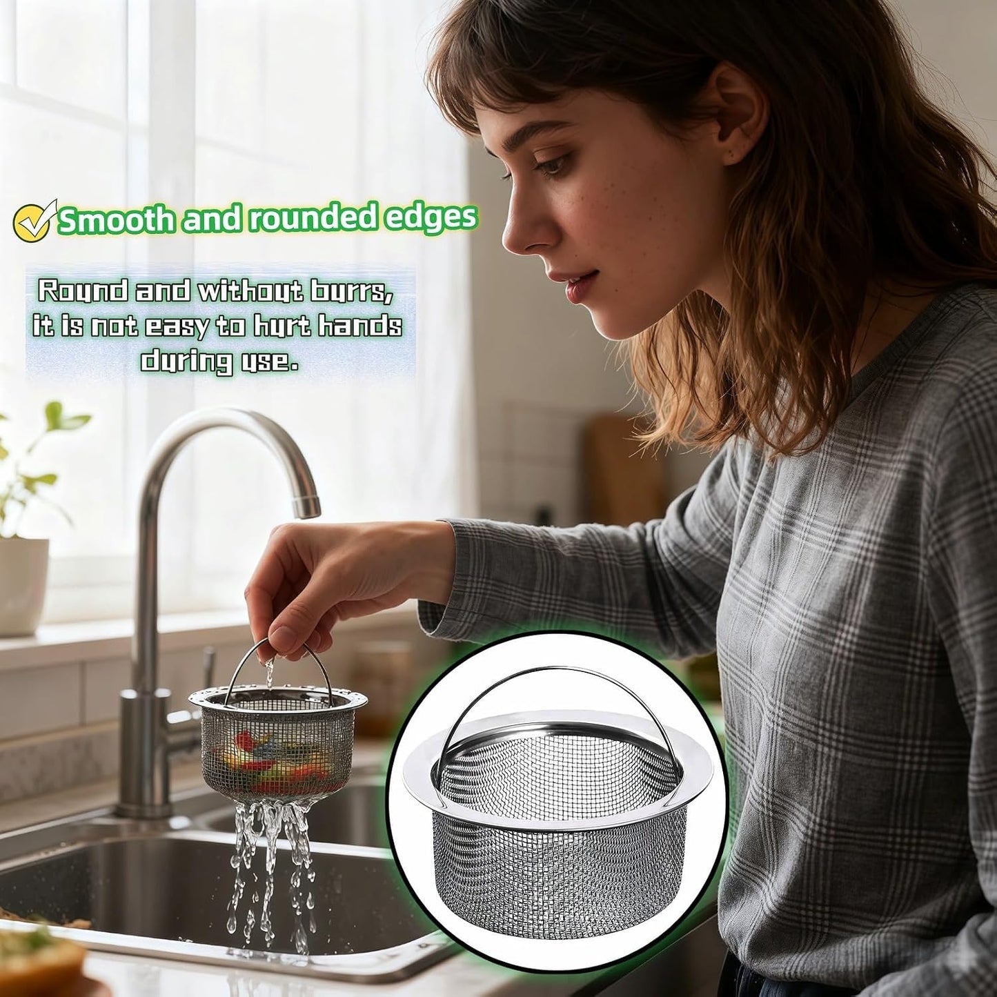 Stainless Steel Kitchen Sink Strainer - Deep Cup Basket Design, 2-Pack, Upgraded Double-Layer Safety, Large Food Catcher, Fits Most Standard Drains (3.14"-3.34" Inner Dia), Rustproof, Easy to Clean