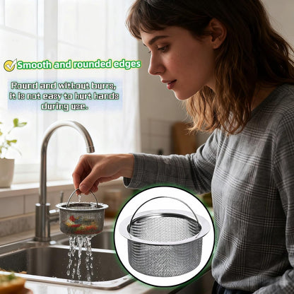 Stainless Steel Kitchen Sink Strainer - Deep Cup Basket Design, 2-Pack, Upgraded Double-Layer Safety, Large Food Catcher, Fits Most Standard Drains (3.14"-3.34" Inner Dia), Rustproof, Easy to Clean
