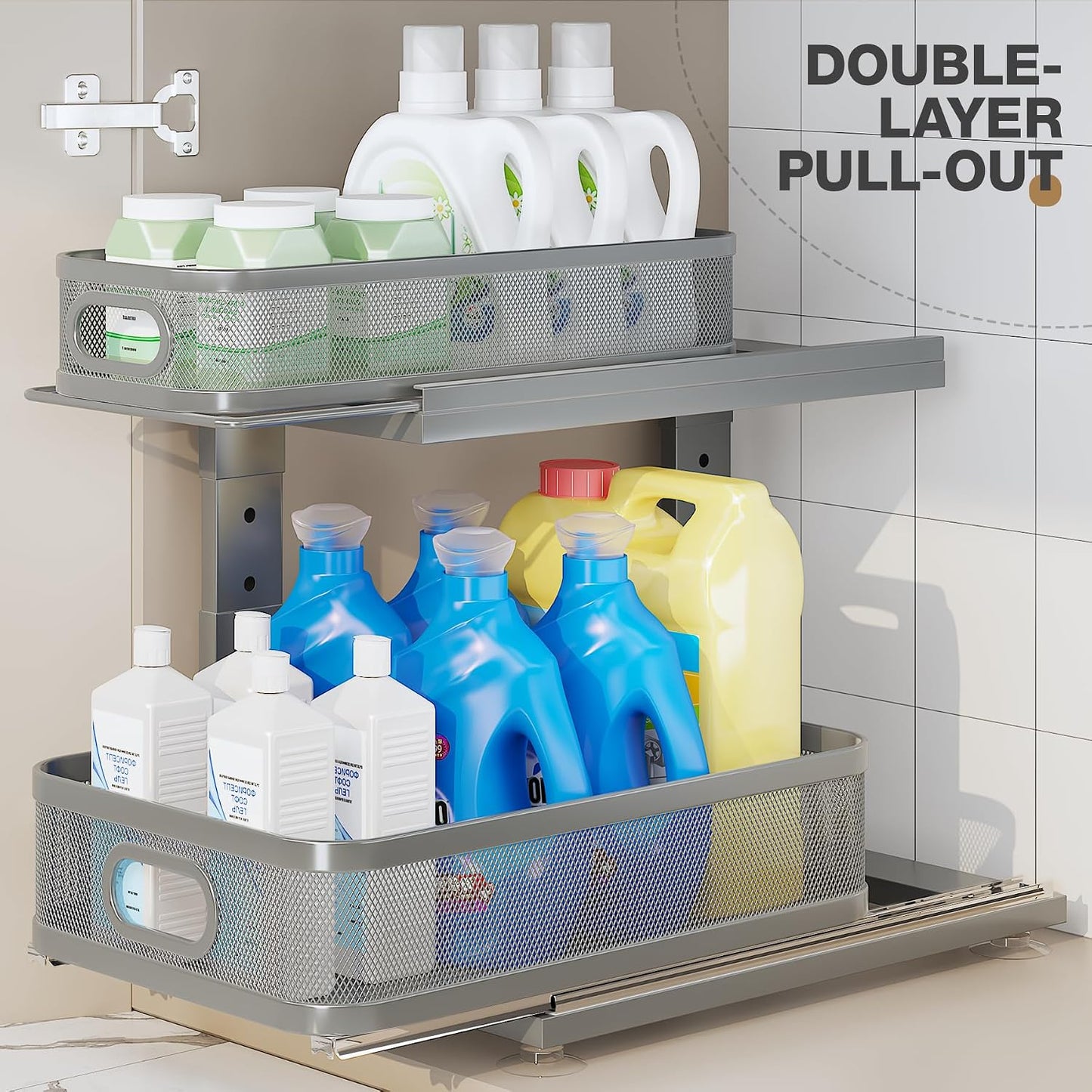 2 Pack 18.5IN-Depth Under Sink Organizer With Next-Gen Ball-Bearing Slides,2-Tier Precision Mesh Pull Out Cabinet Storage for Bathroom&Kitchen,Height Adjustable Drawers Shelf,Anti-rust-White