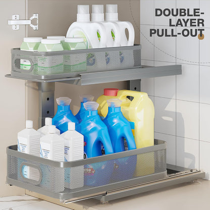 2 Pack 18.5IN-Depth Under Sink Organizer With Next-Gen Ball-Bearing Slides,2-Tier Precision Mesh Pull Out Cabinet Storage for Bathroom&Kitchen,Height Adjustable Drawers Shelf,Anti-rust-White