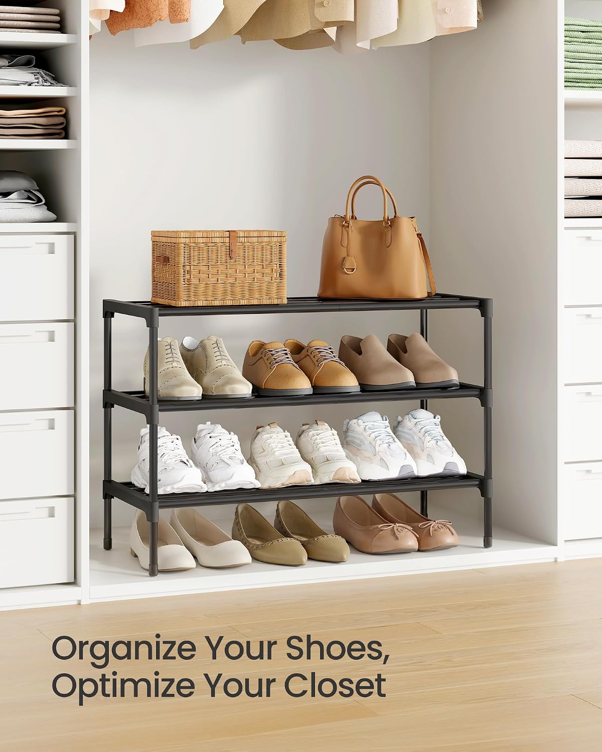 SONGMICS 2-Tier Shoe Rack for Closet, Compact Metal Shoe Organizer Shelf for Entryway, Bedroom, Small Spaces, Stackable, 11.8 x 24.5 x 12.2 Inches, Black ULSA122BH01