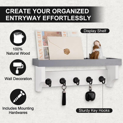 Key and Mail Holder Wall Mount, Key Holder with Shelf and Mail Organizer Wall Mount. Mail Holder with 5 Hooks for Coat, Dog Leash, Home Decor Rack, Entry Way Organizer (White)